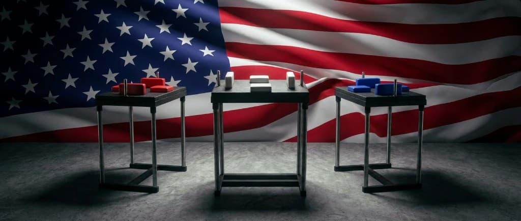 Three Legacy II arm wrestling tables with red, white, and blue pads in front of an American flag