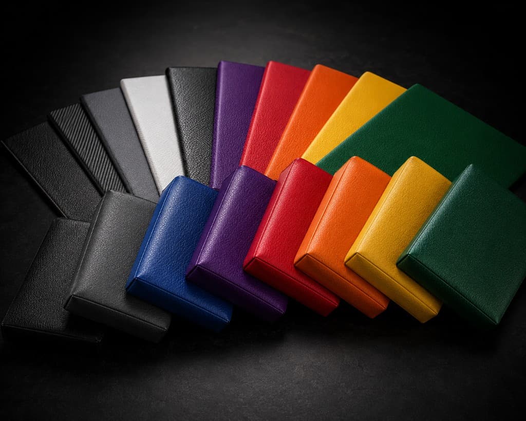 Fan of Legacy II pad color and finish swatches in black, grey, blue, purple, red, orange, yellow, and green