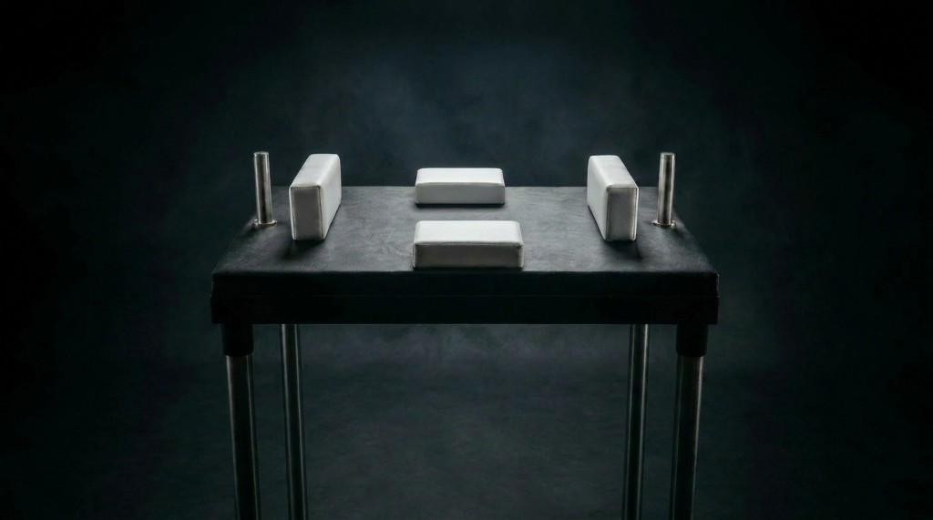 Legacy II arm wrestling table with white pads in a dark studio